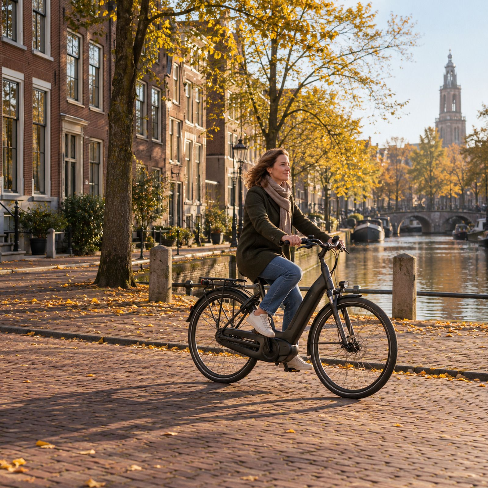 Iemand op een e-bike langs een gracht in Groningen, in het late middaglicht