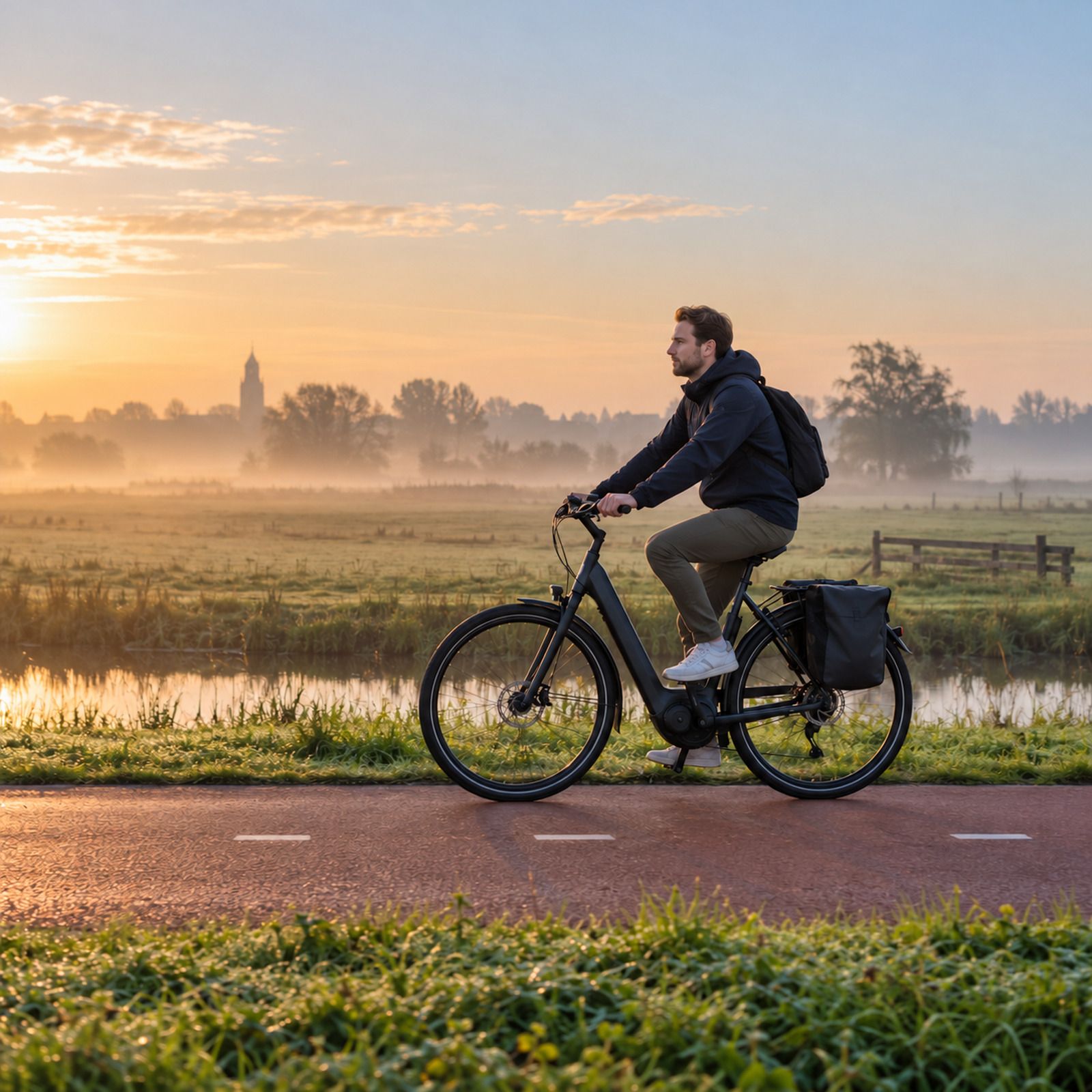 Forens op een e-bike met fietstas op een rood fietspad langs de weilanden, vroeg in de ochtend