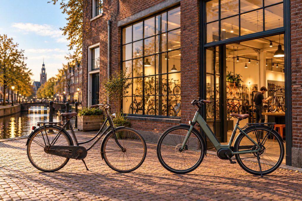 Een oude stadsfiets naast een nieuwe e-bike voor de winkel