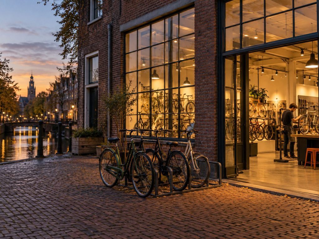 De winkelpui van Trapas aan de kade in de schemering, met fietsen voor de deur