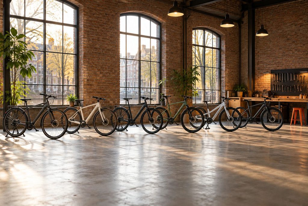 Showroom in een oude bakstenen loods met een rij fietsen bij de grote ramen