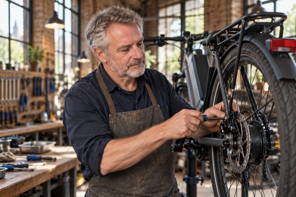 Gerrit stelt de achterrem af van een e-bike in de montagestandaard