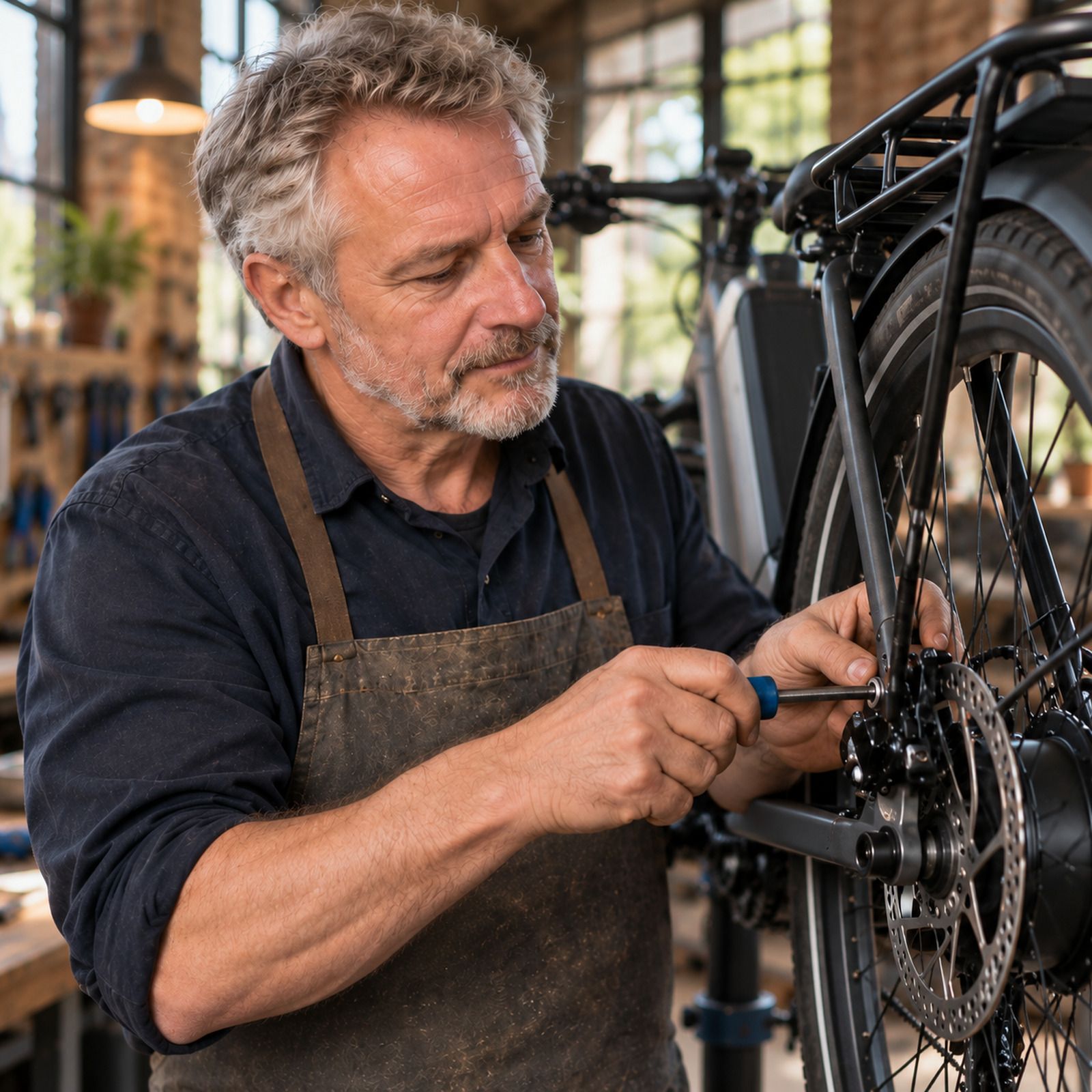 Gerrit aan het werk aan een e-bike in de werkplaats