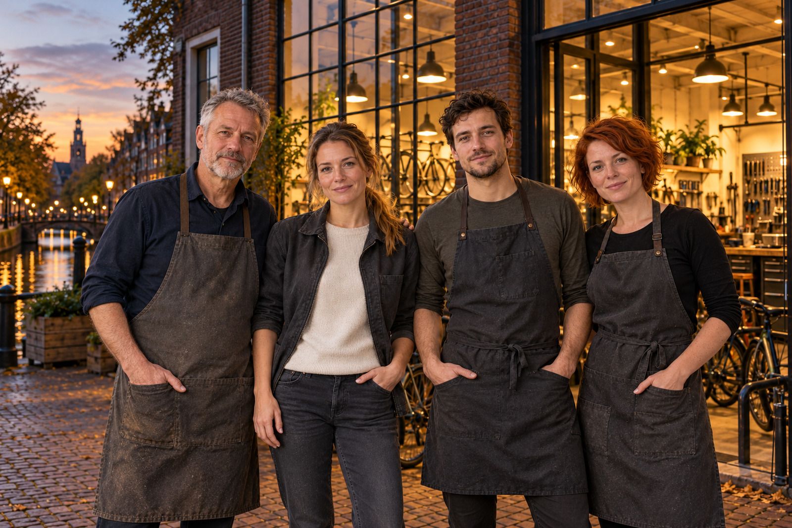 Gerrit, Ilse, Daan en Noor voor de winkel aan de kade